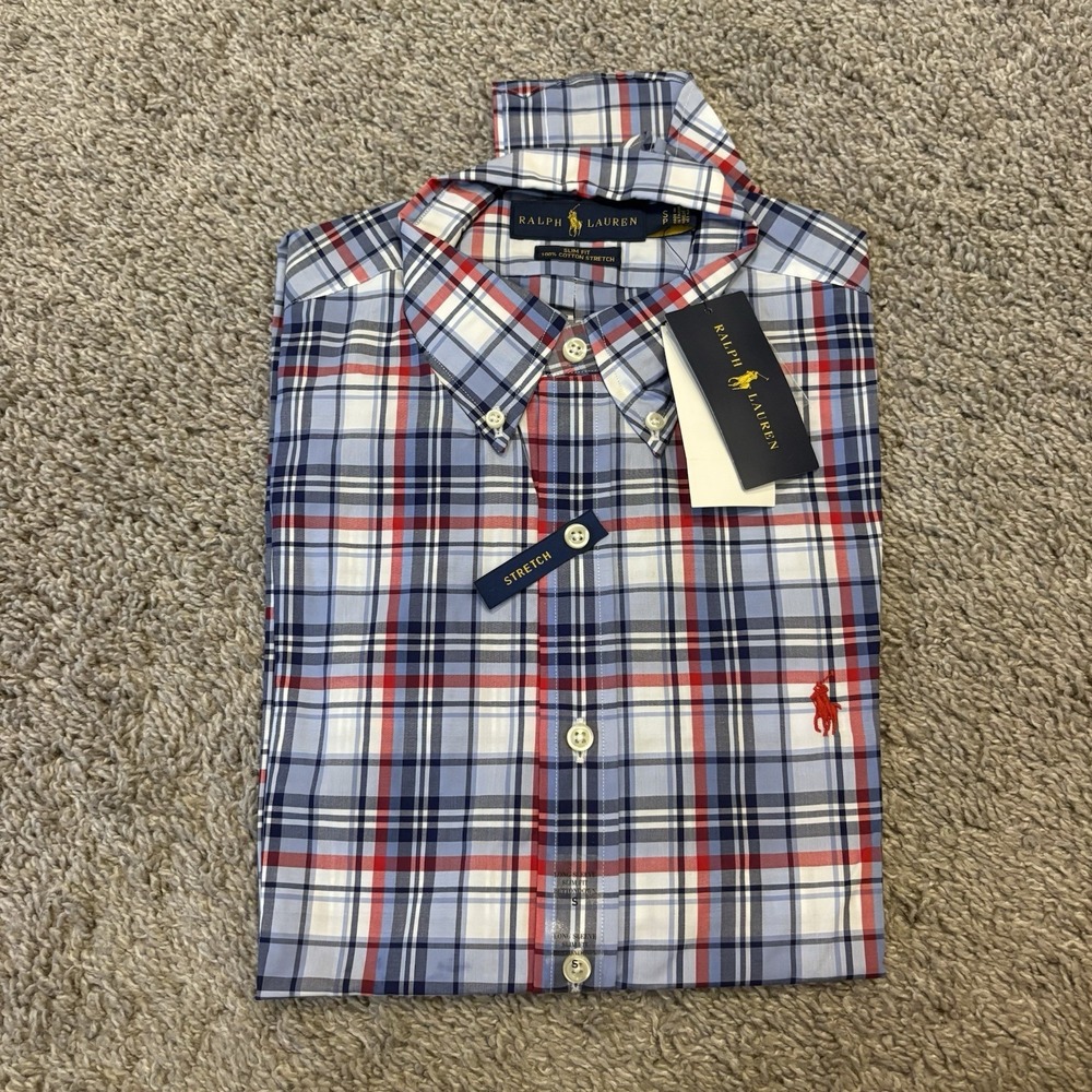 NEW Polo Ralph Lauren Shirt Mens Small S Blue Plaid Slim Fit Button Up Stretch
